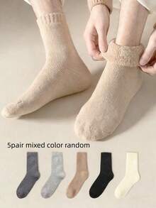 5 Pairs Women's Warm Winter Socks, Thickened Classic Style, Solid Color Merino Wool Socks, Cold & Snow Proof, Plush Lining Comfortable, Suitable For Autumn/Winter, Moisture-Wicking, Quick-Drying, Fashionable & Versatile, Black - Multi-color a - View 8