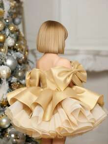 Girls' Elegant Bowknot Off Shoulder Sleeveless Gold Formal Dress, Princess Dress For Birthday Party, Prom, Gathering, Christmas - 金色 - 查看 2