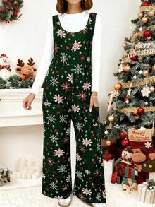 (No T - Shirt Included) Women's Regular Size Christmas Snowflake Print Strappy Jumpsuit With Pockets, Casual Wide Leg Holiday Overalls,Fashion Christmas Outfit For Women,Christmas Jumpsuit For Casual Daily Wear ,Fashion Christmas Clothes ,Casual Fall Women Clothes - Green - View 2
