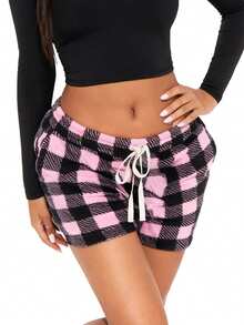 Womens Plaid Shorts Casual Elastic Waist Drawstring Mini Lounge Shorts With Pockets For Daily - Pink - View 3
