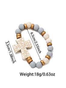 1pc Casual Hiphop Style Faux Turquoise Cross Beaded Bracelet, Minimalist Elastic Wristband Jewelry, Suitable For Daily, Commute, And Party Wear - Multicolor - View 10