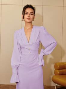 女士纯色V领长袖鱼尾裙摆连衣裙，优雅晚宴约会礼服，度假装，女士狂欢派对长袍，商务休闲装 - 紫丁香色 - 查看 6