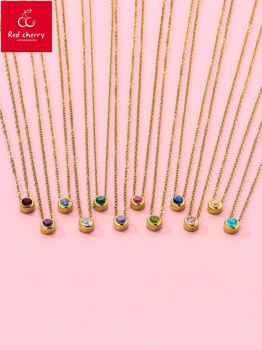 1 chiếc vòng cổ bằng thép không gỉ nhiều màu đính đá Zirconia, thích hợp làm quà tặng sinh nhật và phối trang phục hàng ngày - Vòng cổ zircon tròn - Xem 1