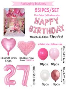 551pcs Pink Birthday Decoration Set | Happy Birthday Banner + Foil Heart Balloons | Thick Latex Balloons | Suitable For 15th, 16th, 17th, 18th, 19th, 20th, 21st, 22nd, 23rd, 24th, 25th, 26th, 27th, 28th, 29th, 30th, 40th Birthday Decorations, Backdrop, Fairy Party, Adult Party/Best Friend Birthday/Proposal Backdrop, Instagrammable Photo Background - 彩色 - 查看 23