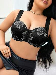 LRNG XMNG EA Plus Size Front Closure Embroidered Bra, Comfortable Embroidered Sexy Front Closure Bra For Women, Comfortable For Daily Wear - Black - View 4