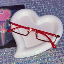 1pcs European And American Desire Style Fashion Burgundy Half Frame Glasses, Retro Plastic Temple No Lens Glasses Frame, Y2K Sweet Cool Subculture Hot Girl Glasses Metal Frame, Plastic Temple - Red - View 2
