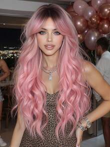 26-Inch Middle Part Long Body Wave Wigs Ombre Pink Wigs,Heat Resistant Synthetic Wigs For Women,For Cosplay,Daily,Party - Màu hồng ombre - Xem 2