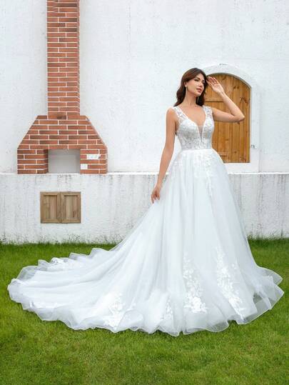 YOUKEFEIER 2025 Ny Lätt Bröllopsklänning i Fransk Stil, Djup V-ringning Pärlor Rygglös Midja Slimmad Släp Brudklänning, Minimalistisk Elegant Destination Wedding Spets & Chiffong Lång Slät