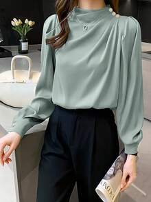 Women Spring/Autumn Casual Loose Commuting Mini Stand Collar Pleated Design Princess Sleeve Long Sleeve Blouse