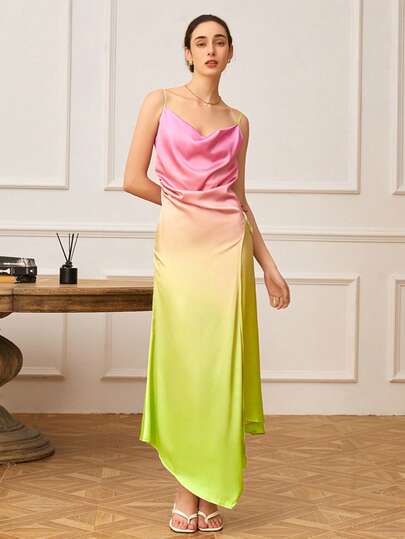 优雅渐变垂褶不对称下摆吊带连衣裙，夏季