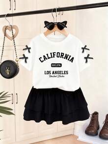 女童蝴蝶结刺绣领短袖上衣和裙子套装 - 白色 - 查看 1