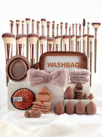 56PCS Makeup Tools Set Including:1pc Multi-Functional Zipper Toiletry And Cosmetic Bag Waterproof+30pcs Makeup Brush Sets+5PCS Makeup Sponge+5PCS Mini Makeup Sponges+5PCS Triangle Powder Puffs+5PCS Mini Air Cushion Powder Puffs+1pc Hairband+2PCS Hand Bowl Strap++1pc Makeup Remover Puff+1pc Makeup Brush Cleaning Tools,Beauty Accessories,Advent Calendar 2025,Makeup Accessories, Christmas Gifts