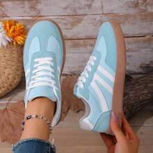 New Women's Spring/Summer Versatile Shoes, Light Blue & White Retro Sneakers With White Stripes And Thick Rubber Soles, Suitable For Daily Commute, Festivals, Casual Outings, Fresh And Comfortable, Solid Color Sports Lace-Up, Home Wear