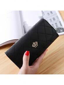 YUQING.FC Cartera larga de diseño geométrico con corona decorativa de tríptico #Hg001, regalo para volver a la escuela, regalo para estudiantes universitarios, regalo para niñas - Negro - Ver 2
