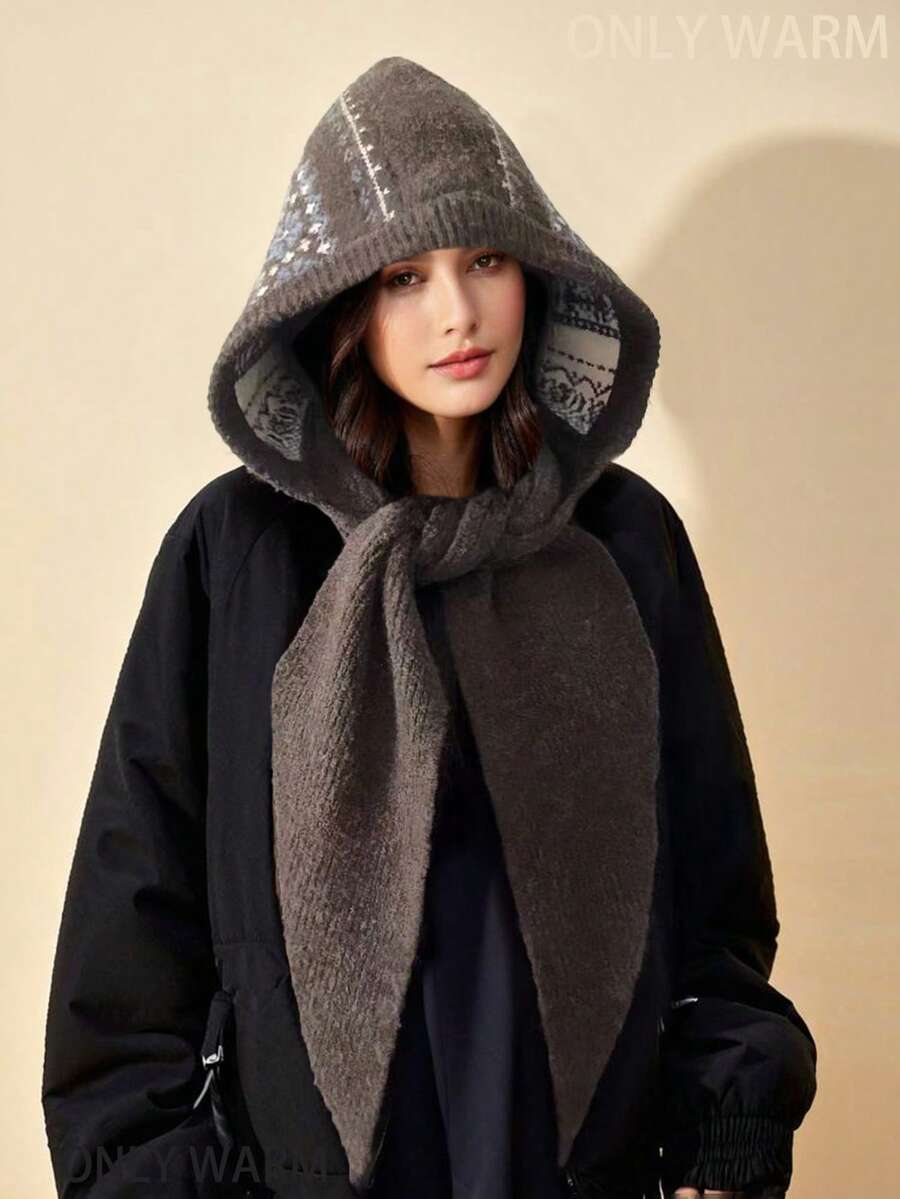 1pc Women Casual Geometric Floral Textured Warm Windproof Fluffy Thick Bohemian Style Knitted Hooded Scarf Shawl Neck Warmer, Suitable For Dates, Daily Wear, Shopping, Traveling, Matching