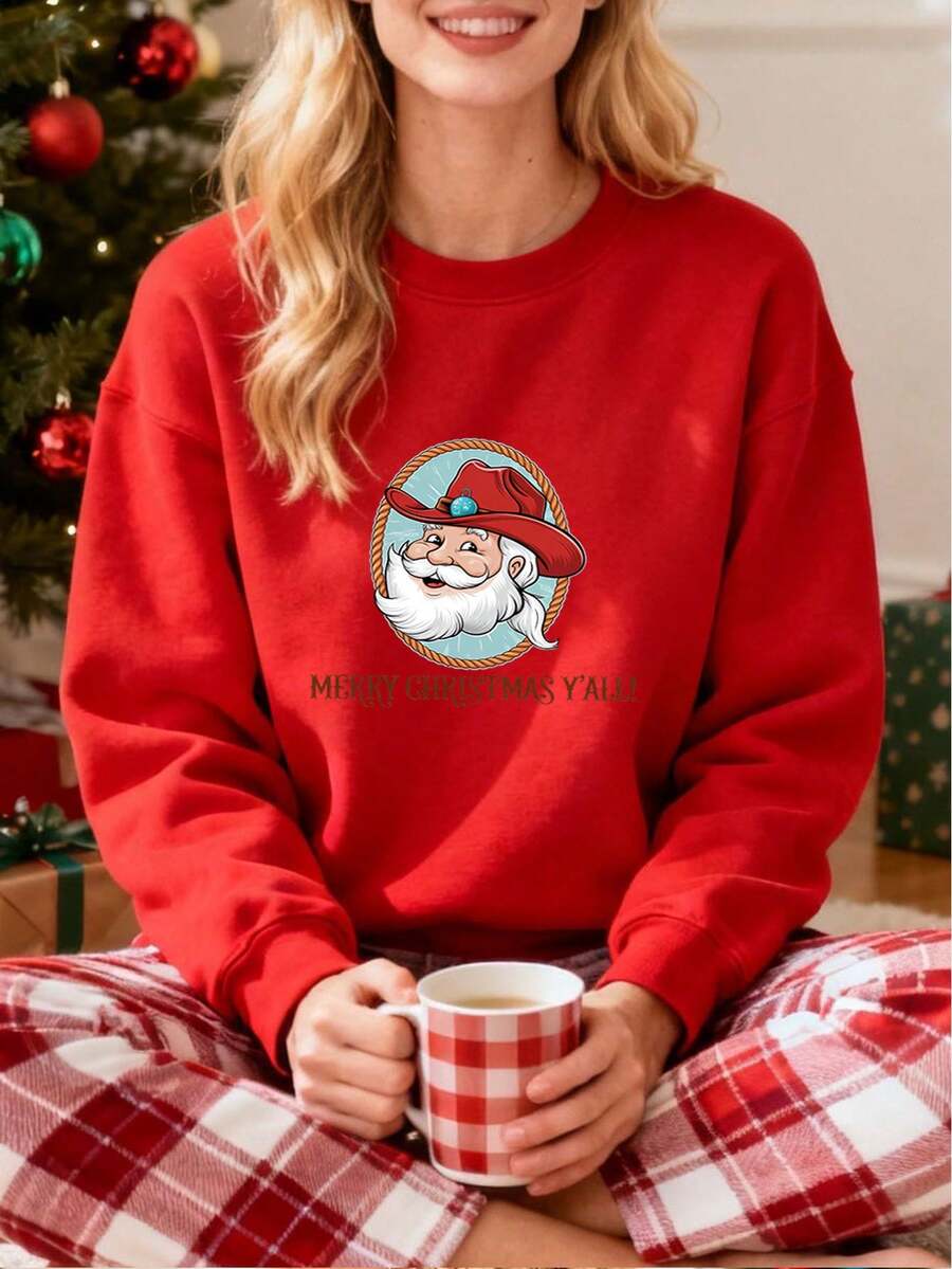 Sudadera para Mujer con Estampado de Santa Claus con Sombrero Rojo, Fiesta de Navidad, Regalo para Ella, Estilo Western, Suave y Cómoda, Ideal para Días Festivos y Reuniones - Rojo - Ver 1