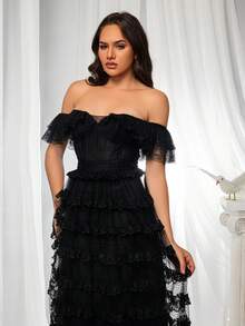 VIPGIRL Robe de soirée noire à épaules dénudées en maille pour femmes - Noir - Voir 5