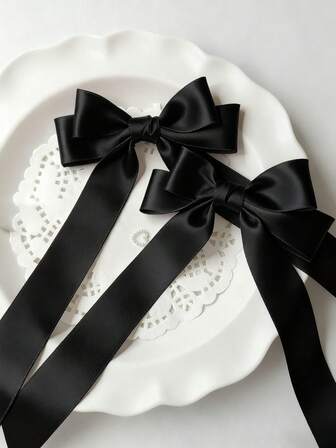 2PCS Solid Black Color Satin Large Bow Hair Clip, Elegant Women's Versatile Salon Style Decoration Hair Clip For Wedding Party Holiday Gifts And Daily Wear, Claw Clips, Hair Slide, Hair Barrettes