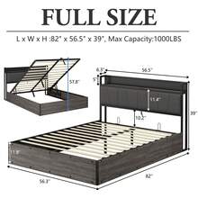 Full/Queen/King Size Linen Upholstered Lift Up Bed Frame With LED Light And Storage Headboard, Modern Platform Bed Frame Featuring Charging Station, Noisy Free Design And No Box Spring Needed, Bedroom Furniture Accent, Grey - Xem 3