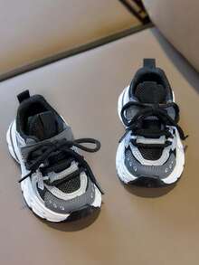 1 Pair Unisex Fashionable Breathable Mesh Low-Top Sneakers, Soft Sole Non-Slip Children Running Shoes, Versatile Casual Student Chunky Sneakers, Suitable For Spring And Autumn - Black - View 5