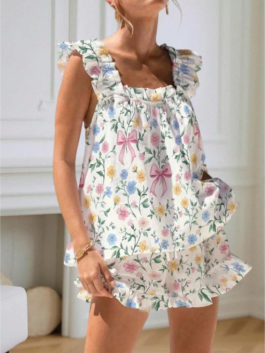 Womens Pajamas Set Bow Floral Print Ruffle Sleeveless Tank Top And Shorts Sleepwear Set Summer 2 Piece Outfits Women Floral Print Pajama Sets 2 Piece Lounge Set Ruffle Trim Sleeveless Top And Shorts Pjs Sleepwear - 蝴蝶結多色花 - 查看 1