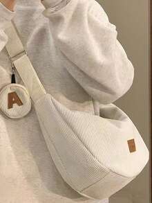 学院风女士灯芯绒斜挎包 - 休闲运动饺子包，配有可调节肩带，新款秋冬学生灯芯绒包，通勤饺子包，休闲百搭斜挎包，轻便，拉链封口，涤纶衬里，纯色，做旧边缘细节 - 时尚女款 - 适合日常使用、旅行、购物 - 送给少女和年轻女性的完美礼物 - 彩色 - 查看 3