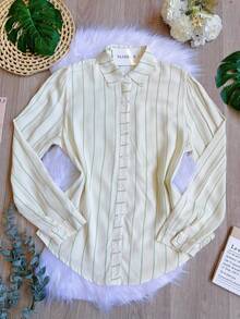 Women's Striped Button-Down Shirt, Casual, SP028 - 綠色 - 查看 1