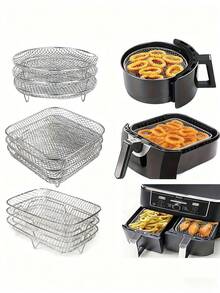 1pc/3pcs/Set Air Fryer Accessories, Multipurpose Air Fryer Accessories, Stackable Air Fryer Rack, Grill Mesh, Stainless Steel Baking Tray, Round/Square/Rectangular Stainless Steel Air Fryer Rack Set - Suitable For Oven And Air Fryer, Dishwasher , Perfect For Healthy Holiday Baking - Reusable Stackable Rack, Easy To Clean, Kitchen Gadgets - Silver - View 2