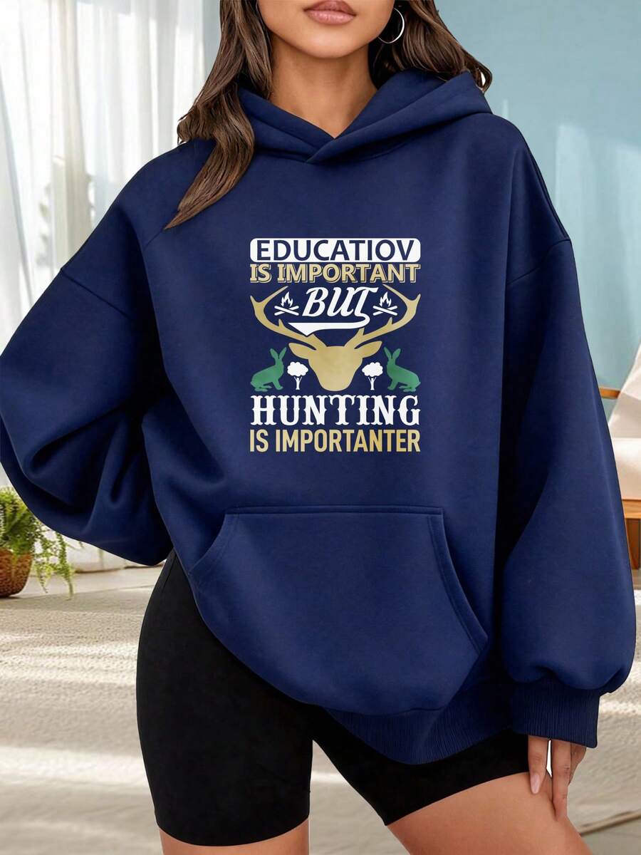 Fashionable Outdoor Hooded Sweater For Women. Black Hoodie With Deer Print And The Text "Education Is Important But Hunting Is More Important." Perfect For Outdoor Activities, Dates, Or Holiday Gifts. - 藏蓝色 - 查看 1