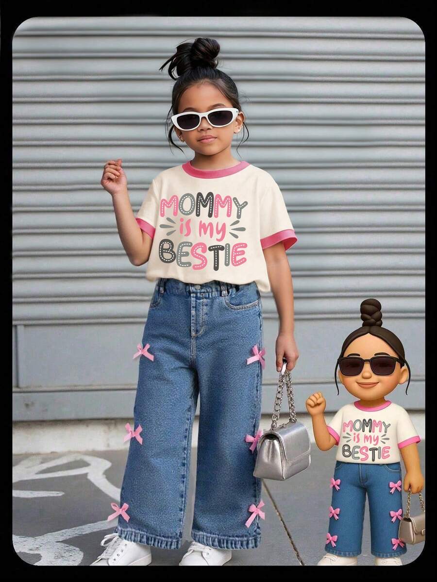 Toddler Girls' Contrast Cuff Short Sleeve Top And Bow Denim Pants - Apricot - View 1