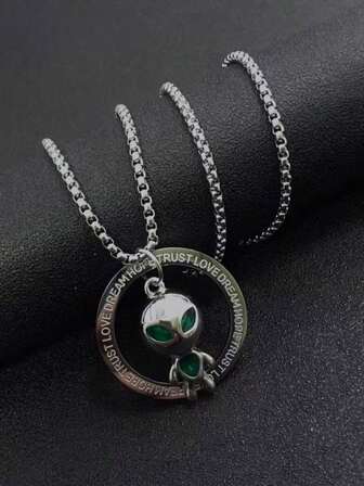 1件男女通用不锈钢UFO外星人吊坠项链，朋克风长项链，可搭配T恤、毛衣，休闲、派对、节日服饰