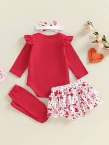 Conjunto de San Valentín para niña: mono con papas fritas antes que chicos, falda con papas fritas, diadema y calentadores de piernas, ropa de primavera - Rojo - Ver 6