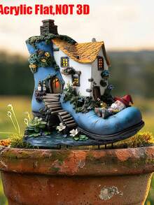 1pc 2D Acrylic Decorative Garden , Displaying A Whimsical Boot House With Vibrant Ivy And Gnomes, Perfect To Add Charm And Personalized To Your Garden And Planters, Enhancing Outdoor Decor Signage