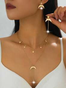 3pcs Set Eid Jewelry Crescent Moon Crystal Tassel Necklace & Asymmetric Earrings, Elegant Minimalist Sparkling Birthday/Holiday/Party Gift For Women - Star and Moon 2-piece Set [Earrings + Necklace] - View 12