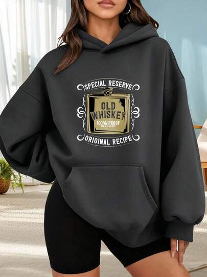 Suéter de moda con capucha al aire libre para mujeres Sudadera con capucha negra estampada con diseño de botella de whisky antiguo y texto especial reserva original recipe para uso casual y hogar Combinar  de citas fuera de casa, regalos de vacaciones La mejor opción para salir a una cita