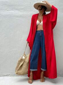 Kimonos For Women Boho Kimono Robe Beach Coverups Womens Beach Blouses Loose Kimono Open Front Kimono Cardigan Over Sized Kimono Duster Kimono Robes With Belt - 紅色 - 查看 3