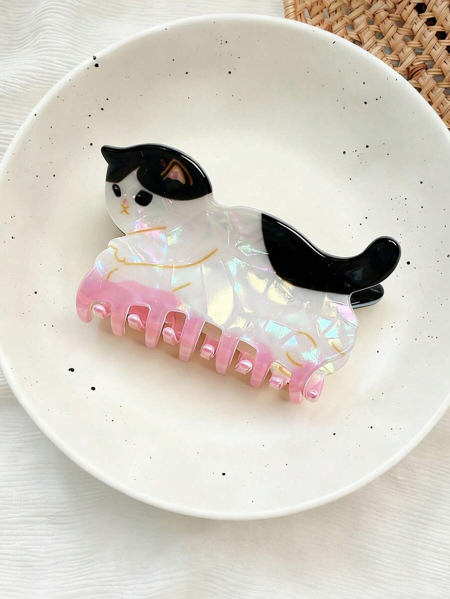 1个可爱卡通动物猫咪/发爪夹，醋酸纤维卡哇伊发饰优雅发夹时尚发饰优雅发夹女士发饰夏季海滩度假 - 彩色 - 查看 1