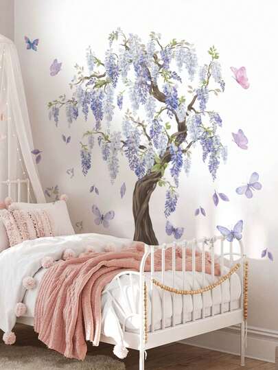 1/2 片墙贴 - [树枝和鸟儿，花朵和蝴蝶] 装饰壁纸，适用于男孩/女孩房、婴儿房、卧室、客厅 - 可移除，个性化礼物，墙面装饰 - 可爱创意儿童房墙面装饰