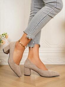 Spring New Korean Version Suede Versatile Plus Size Chunky Heel Slip-On Pumps For Women - Khaki - View 5
