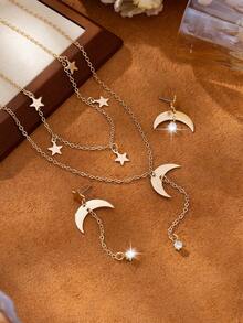 3pcs Set Eid Jewelry Crescent Moon Crystal Tassel Necklace & Asymmetric Earrings, Elegant Minimalist Sparkling Birthday/Holiday/Party Gift For Women - Star and Moon 2-piece Set [Earrings + Necklace] - View 5