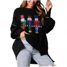 Sweinshirt Nut Curracker Splitly Sequin Estampado Camiseta Nutcracker Crewneck de Manga Larga Sweinshirts Tops, Negro, suter XXL - XXL - Ver 2