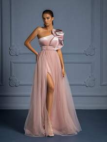 3D Floral Decor High Slit Mesh Long Bridesmaid Dress - Pink - View 5
