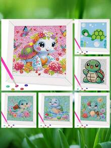 一套可爱海龟DIY钻石画套装（含画框），创意海洋动物钻石艺术工艺礼品套装，卡通5D钻石画套装，包含花朵、蝴蝶和海龟，适合初学者的家庭亲子活动，全圆钻宝石艺术装饰，适用于客厅、卧室、办公桌，是万圣节、圣诞节、生日和派对礼物的完美之选。