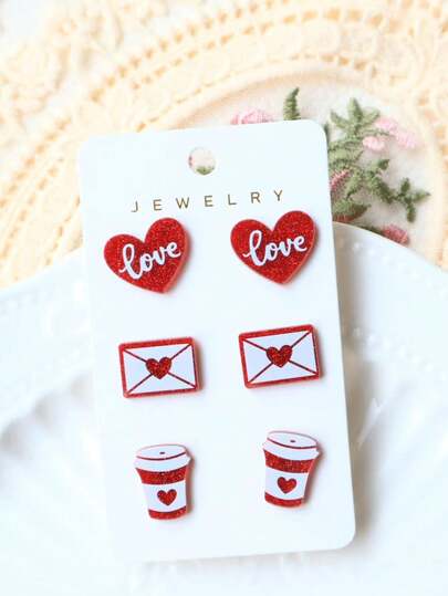 3 pares de lindos pendientes de botón acrílicos con temática de San Valentín, con diseños de letras, corazones, sobres y café. Un conjunto de regalos de pendientes interesantes y adorables para mujeres