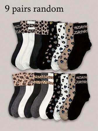 1/9 Pairs Random Women Leopard Print & Heart Mid-Calf Socks, Fashion Minimalist Casual Unique Vintage Street Style Suitable For Everyday Wear