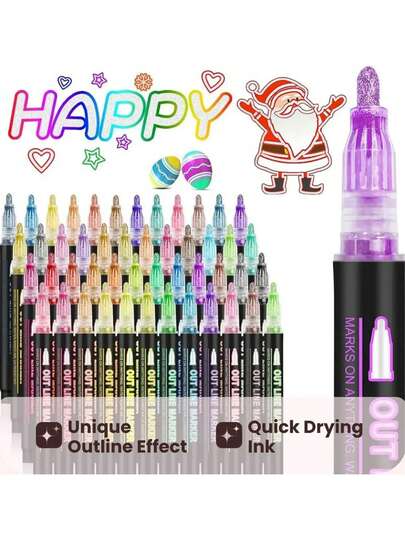 Marcadores brillantes, bolígrafos de contorno para garabatear, set de 24 colores metálicos con brillo de doble línea, suministros de arte y manualidades, rellenos de calcetines, regalos, de vuelta a la escuela
