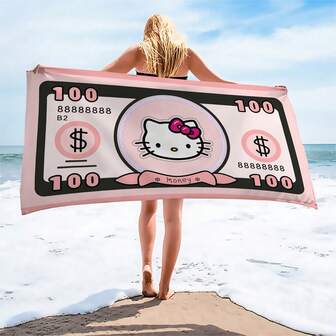  Sanrio Hello Kitty Dollar Bill Design Beach Towel, Modern Polyester Cartoon Print, Knit Fabric Quick-Dry Pool Travel Camping Sports Accessory, 240gsm Lightweight Patterned Oblong Towel For Summer Vacation Gift