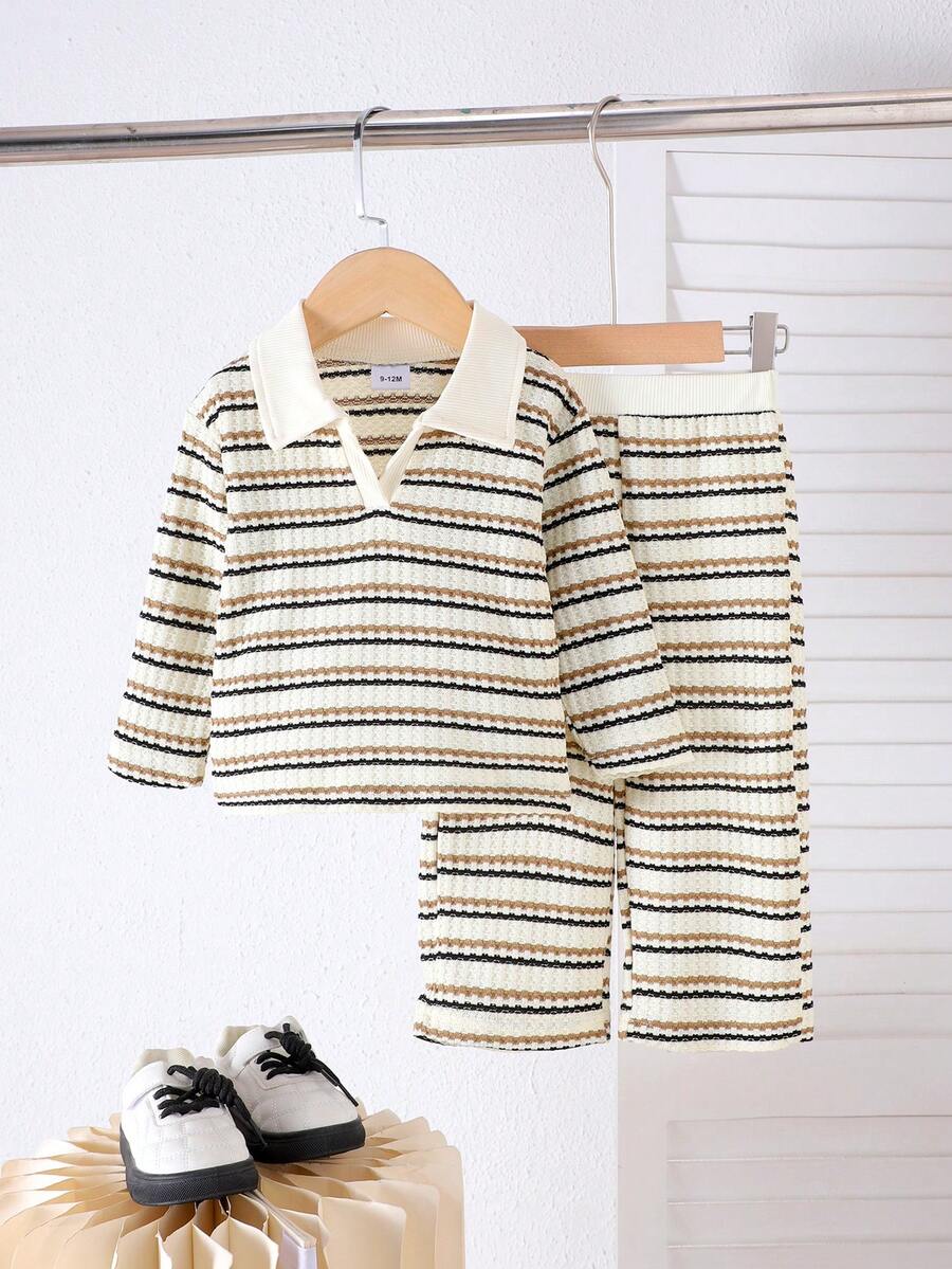 2pcs Baby Girls Casual Everyday Cute Striped Collar Long Sleeve Top And Pants Set, Spring/Autumn - Apricot - View 1