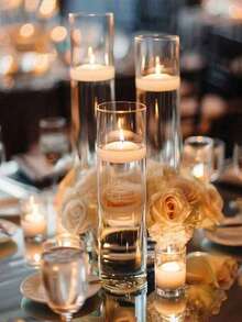 A Transparent Glass Candle Holder, Paired With Floating Candles On Water, White Floating Candles, And Cylindrical Glass Vases, Suitable For Valentine's Day Table Decoration, Artistic Flower Arrangement, Wedding Table Centerpiece, Interior Decoration, Valentine's Day Romantic Candlelight Dinner, Family Gatherings, Birthdays, Restaurants, Birthday Parties