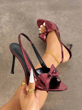 Women's High Heels, Suitable For Spring/Summer, Night Party, Travel, Shopping, Gathering, Runway, Commute, Dating, Ball, Fashion Elegant, Valentine's Day Gift, Chinese New Year, Bowknot Decor, Peep Toe, Stiletto Heel, Solid Color, Glossy, Marble Texture, Comfortable Material, Matching Autumn Dresses, Elegant, Sexy, Versatile, Wine Red High Heel Sandals